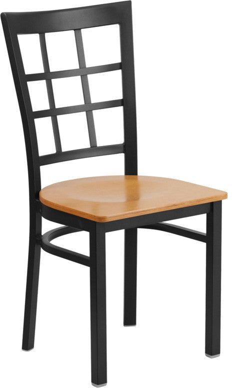 HERCULES Series Black Window Back Metal Restaurant Chair, Natural Wood Seat