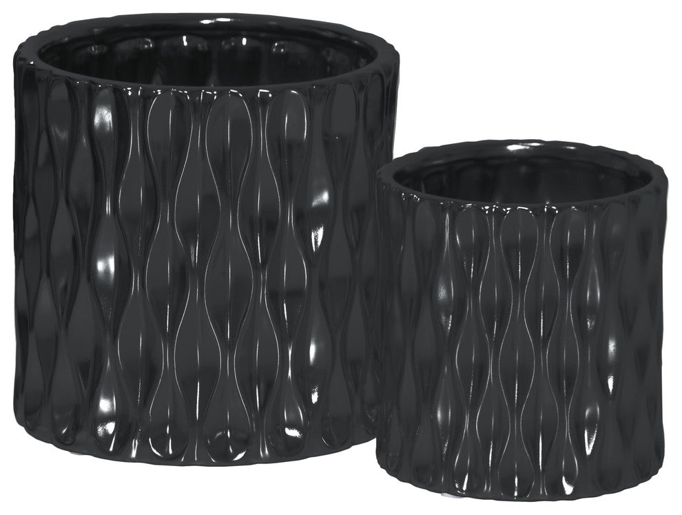Cylindrical Pots, Wide Mouth and Embossed Wave Design Body, 2-Piece Set, Black
