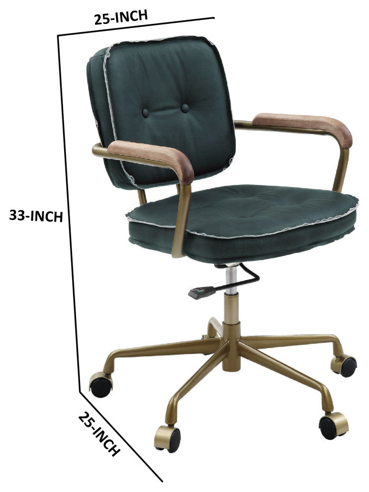 Benzara BM268943 Office Chair With Leather Seat and Button Tufted Back, Green