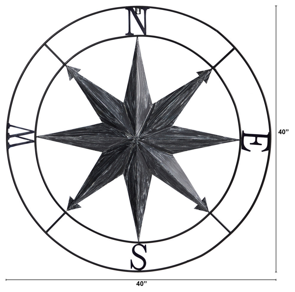 40" Washed Nautical Metal Compass Wall Art Decor