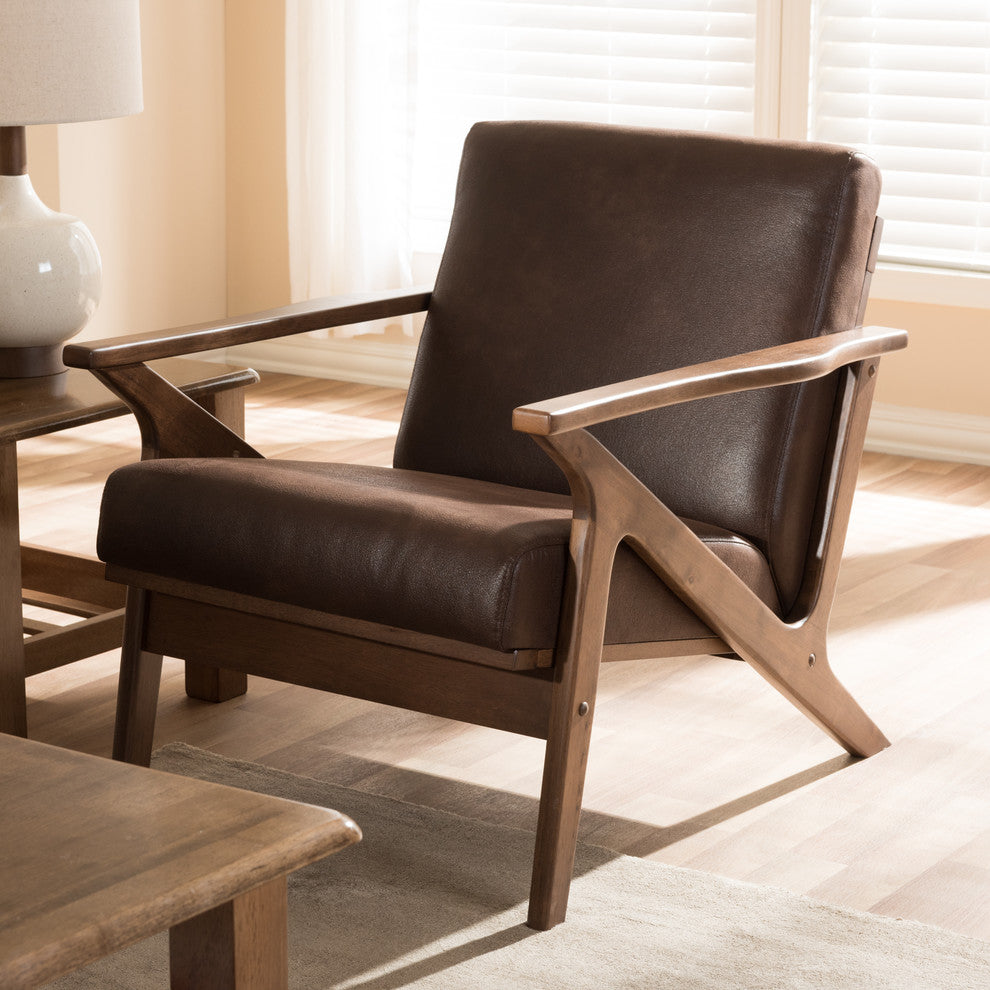Bianca Walnut Wood Dark Brown Distressed Faux Leather Effect Lounge Chair
