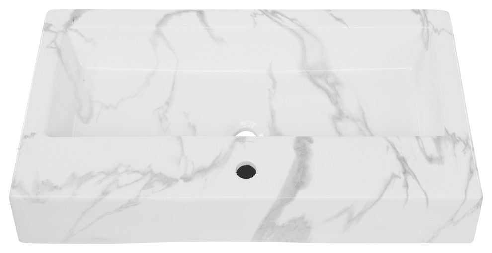 Voltaire Wide Rectangle Vessel Sink, White Marble