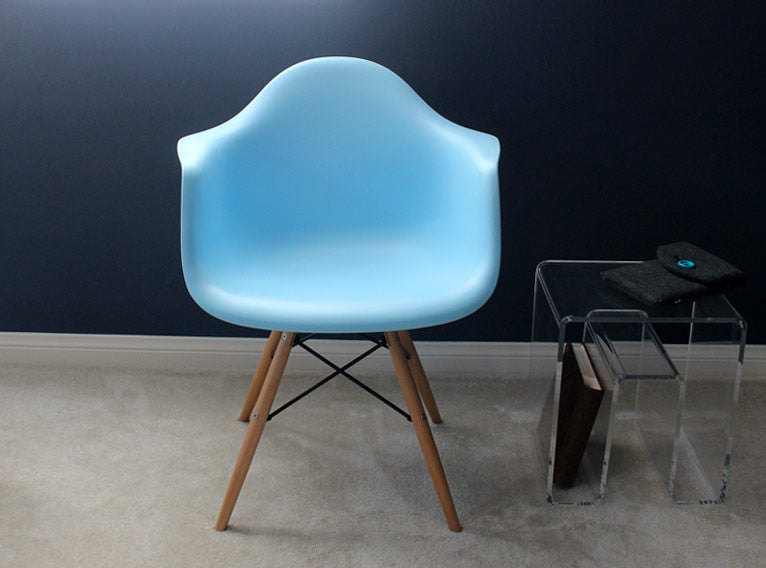 S/2 DAW Light Blue Mid Century Modern Plastic Dining Armchair W/ Wood Eiffel Leg