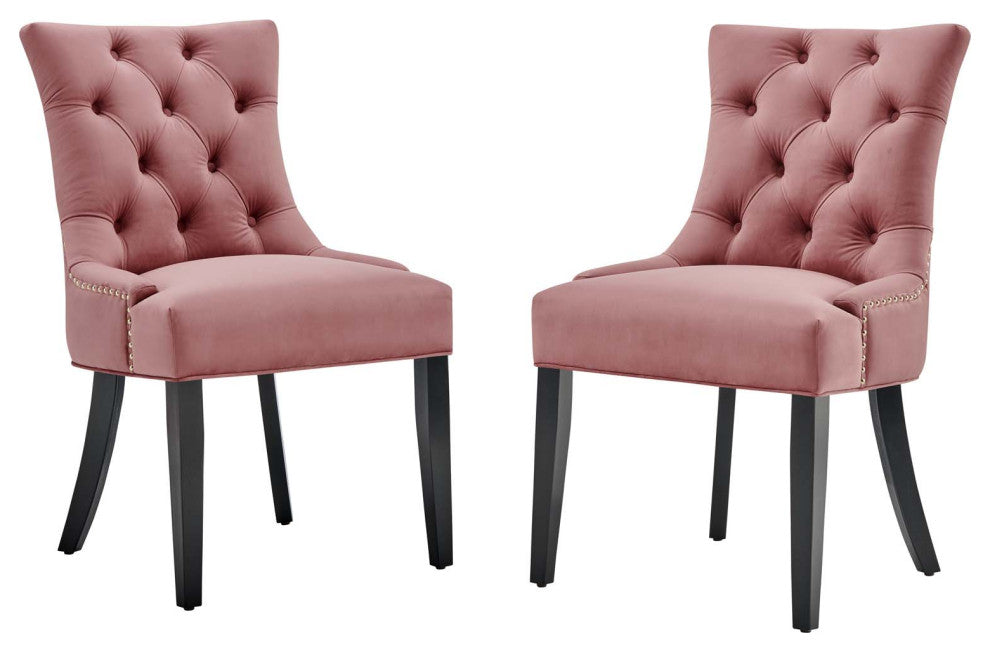 Tufted Side Dining Chair, Set of 2, Velvet, Wood, Pink, Cafe Bistro Restaurant