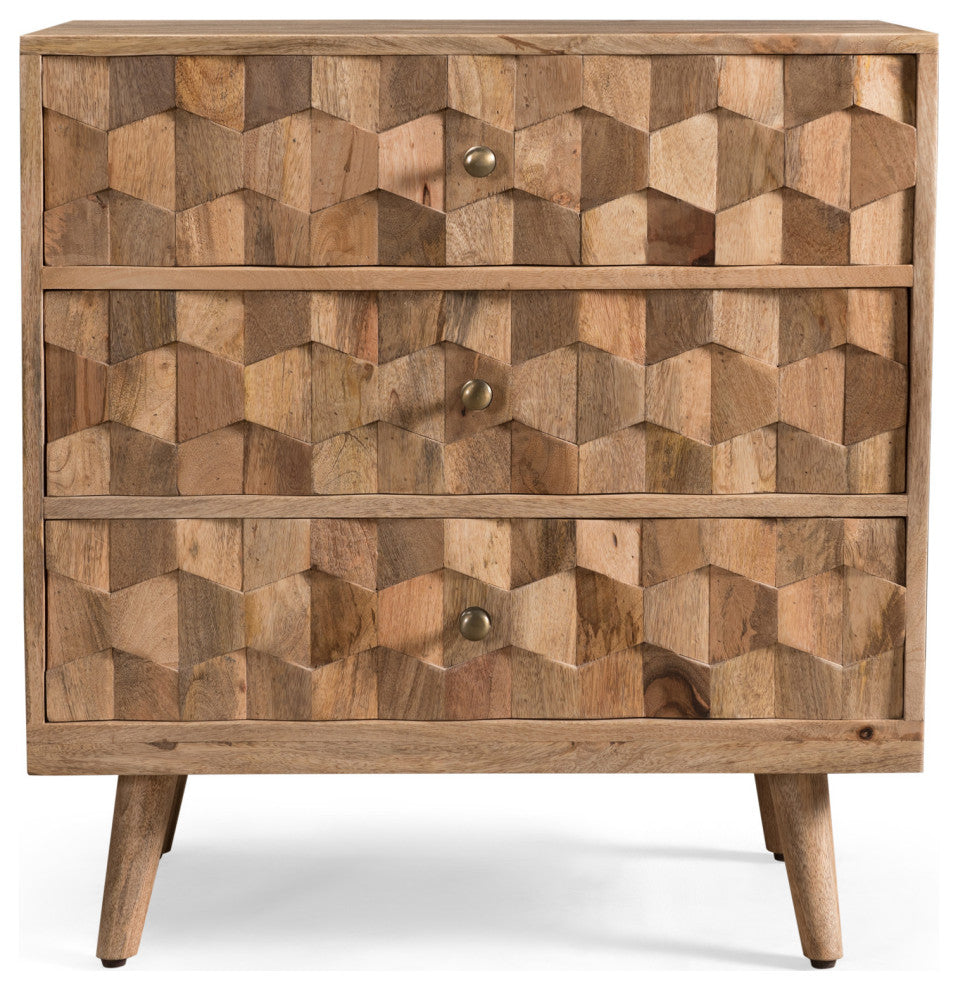 Front view of chest with three drawers on white background.