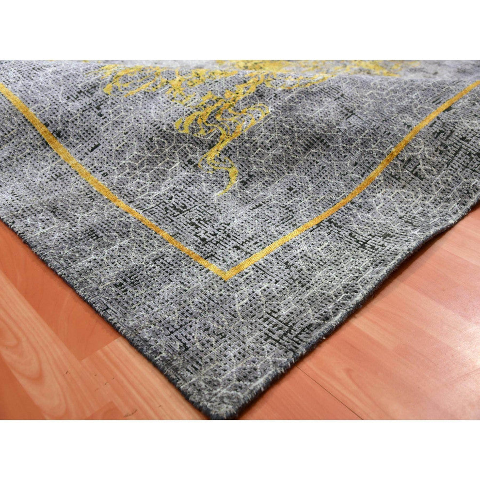 Gray Golden Dragons Chinese Inspired Wool  and Silk Hand Knotted Rug 8'x10'3"