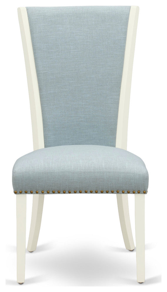 A Dining Set Of 4 Chairs, Baby Blue Color, Square Table, Linen White Color