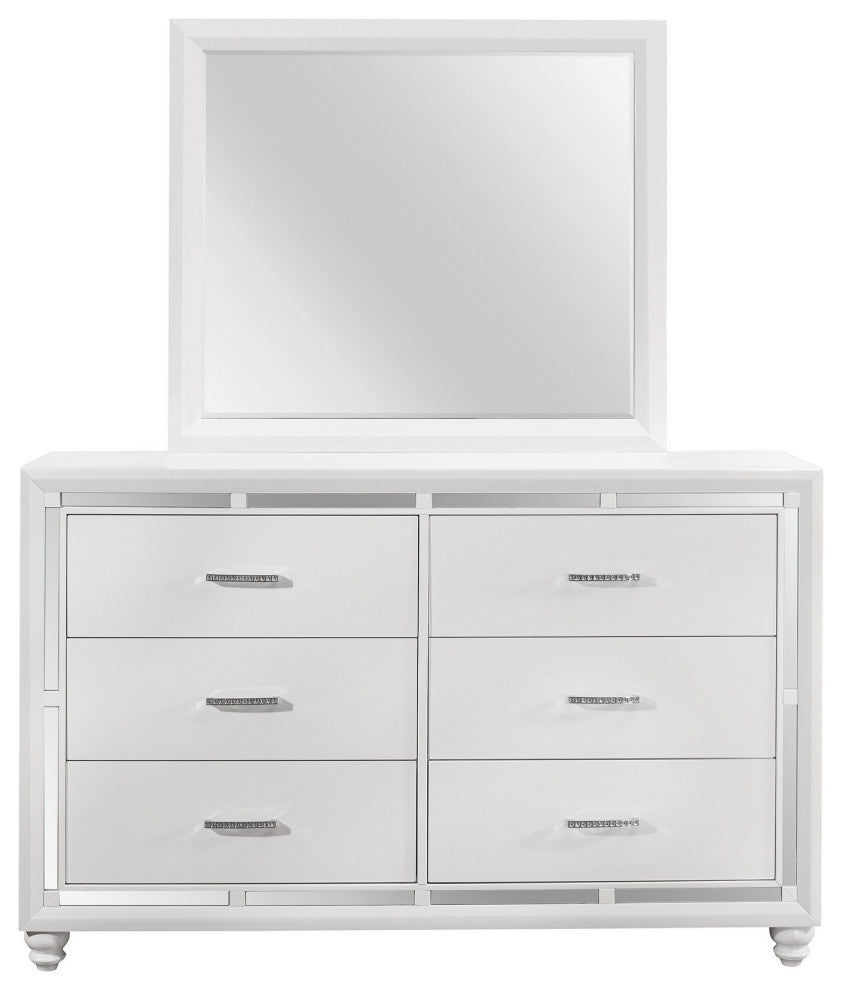 HomeRoots White Dresser With Mirror Trim Accent 6 Drawers