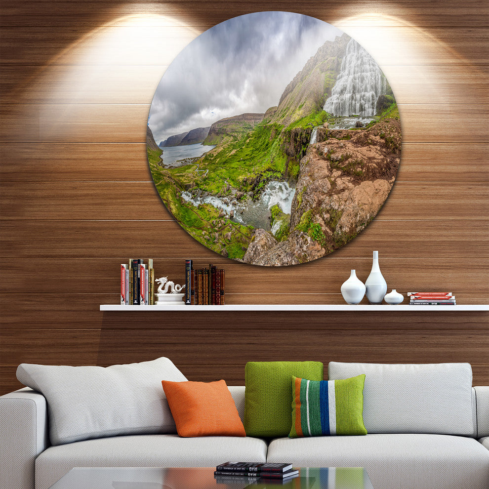 Dyjandi Waterfall Iceland Panorama, Landscape Disc Metal Wall Art, 38"