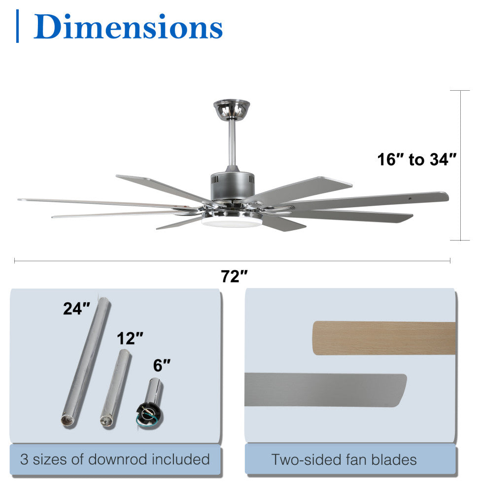 Large 72" Modern 8 Wood Blades Ceiling Fan w Dimmable LED Light Kit , Chrome