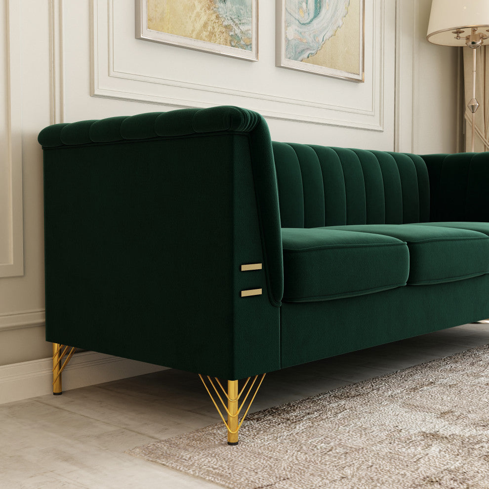 83.4'' Tuxedo Velvet Arm Sofa with Gold Leg, Green