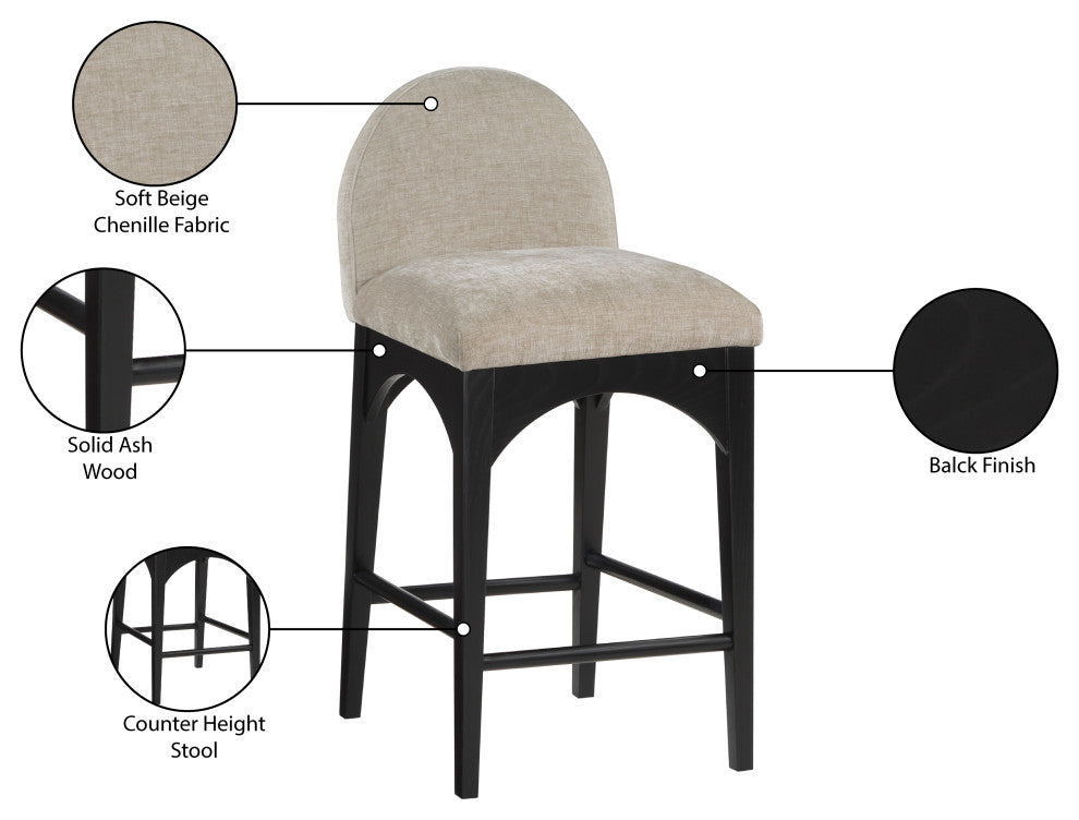 Waldorf Chenille Upholstered Stool, Black, Chenille, Natural Finish, Beige, Chenille Fabric, Black Finish