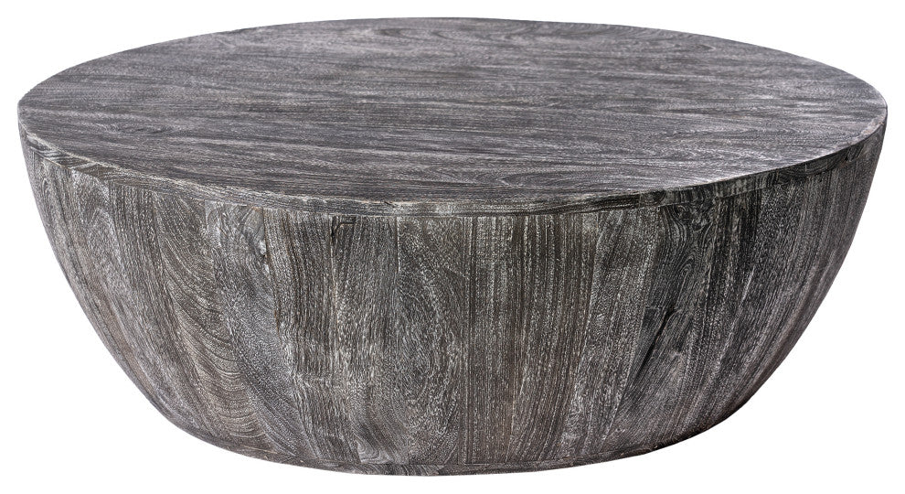 36" Coffee Table Mango Wood Round Drum Sandblasted Black Farmhouse Style