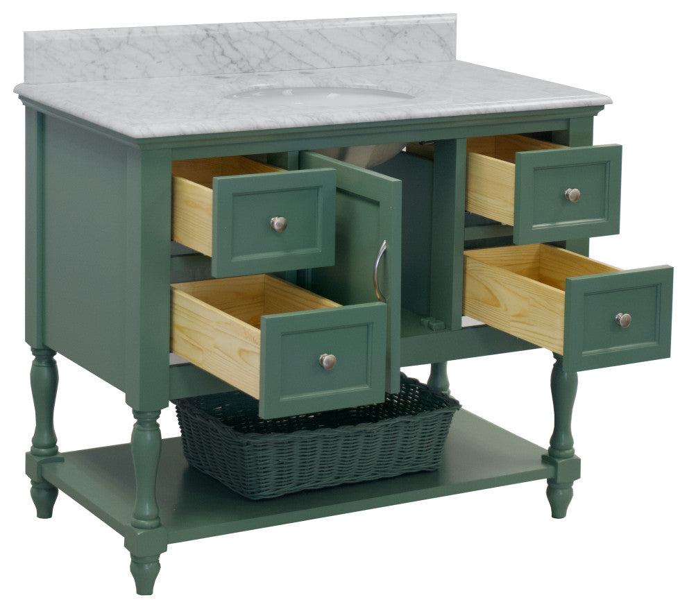 Beverly 42" Bathroom Vanity, Sage Green, Carrara Marble