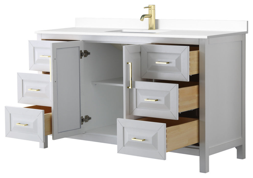 60" Single Bath Vanity, White, White Cult. Marble Countertop, Sink, Gold Trim