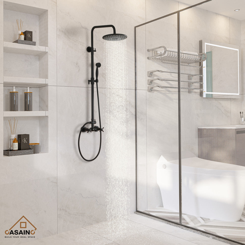 10inch Wall Mount Exposed Pipe Rainfall Shower System with Hand Shower, Matte Black