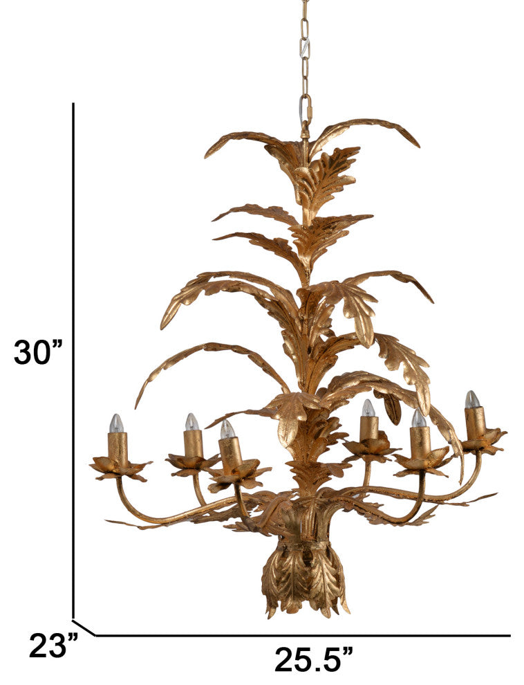 Benzara BM285222 26" 6 Light Chandelier Cascading Leaves Vintage, Gold