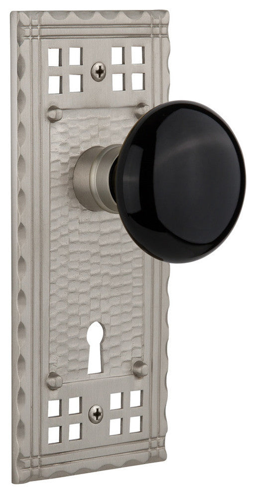 Double Craftsman Plate With Black Porcelain Knob, Satin Nickel