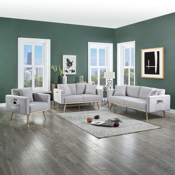 Easton Light Gray Linen Sofa Loveseat Chair, USB Charging Ports Pockets, Pillows
