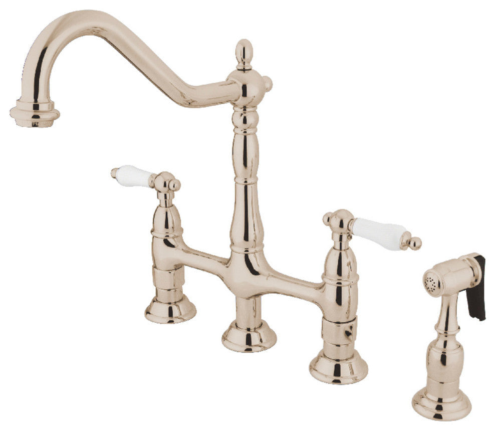 Kingston Brass Bridge Kitchen Faucet With Brass Sprayer, Polished Nickel