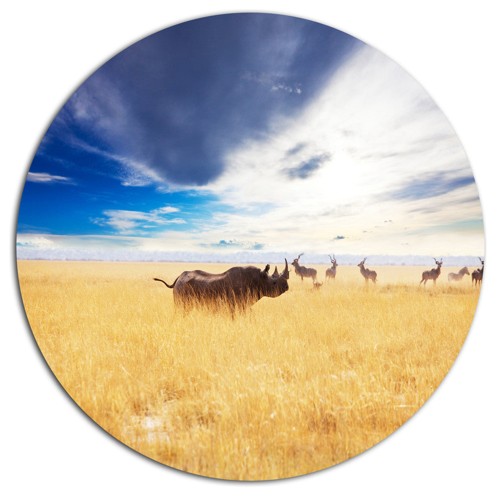 Huge Rhino With Antelopes, Seashore Round Metal Wall Art, 36"