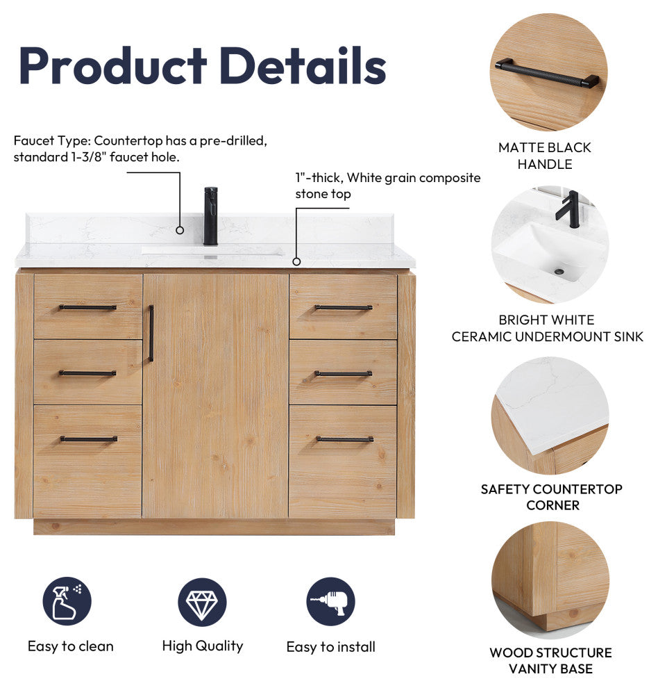 San Bath Vanity with Stone Top, Fir Wood Brown, 48", Single Vanity, No Mirror