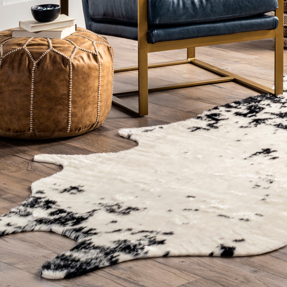 Nuloom Marcia Machine Washable Faux Cowhide Area Rug, Black 5'x6'7"