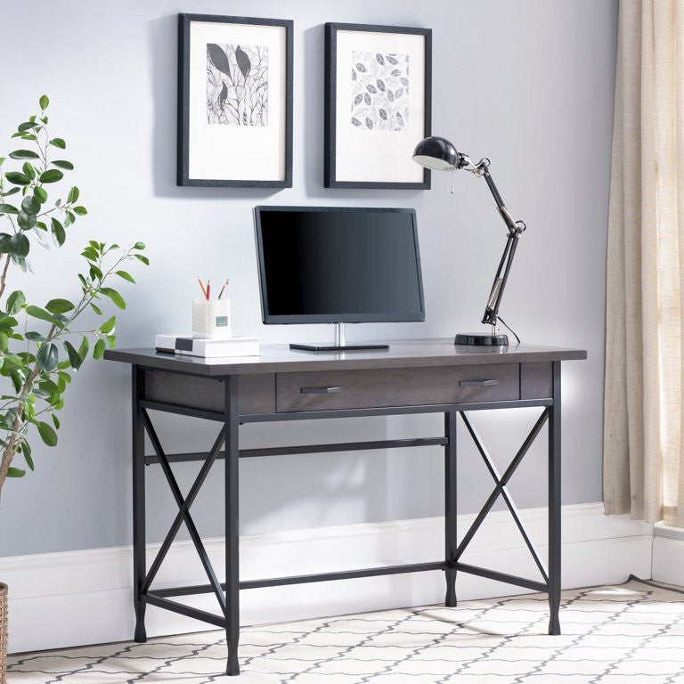 Transitional Desk, X Matte Black Sides & Drawer With Drop Down Front, Smoke Gray