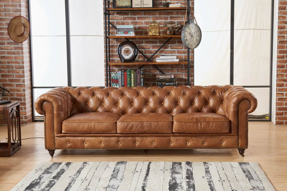 Crafters and Weavers Top Grain Leather Chesterfield Sofa, Light Brown
