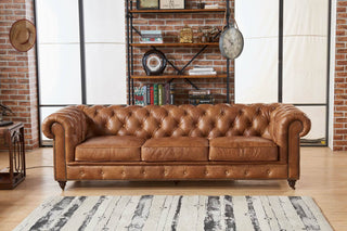 Crafters and Weavers Top Grain Leather Chesterfield Sofa, Light Brown