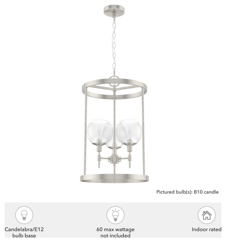 15" Xidane Brushed Nickel, Clear Glass 3-Light Pendant