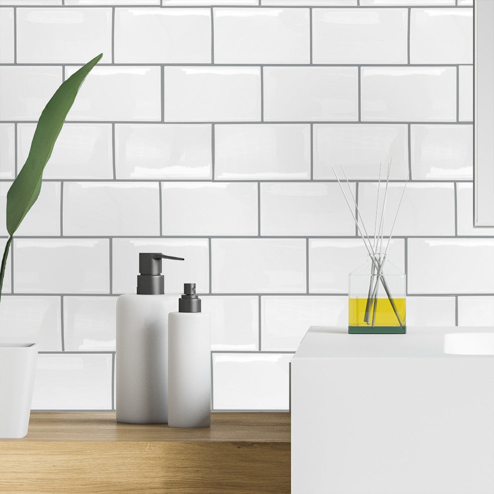 12"x6" Classic Brick Brilliant White Glossy 3D Tile Stickers, Set of 12