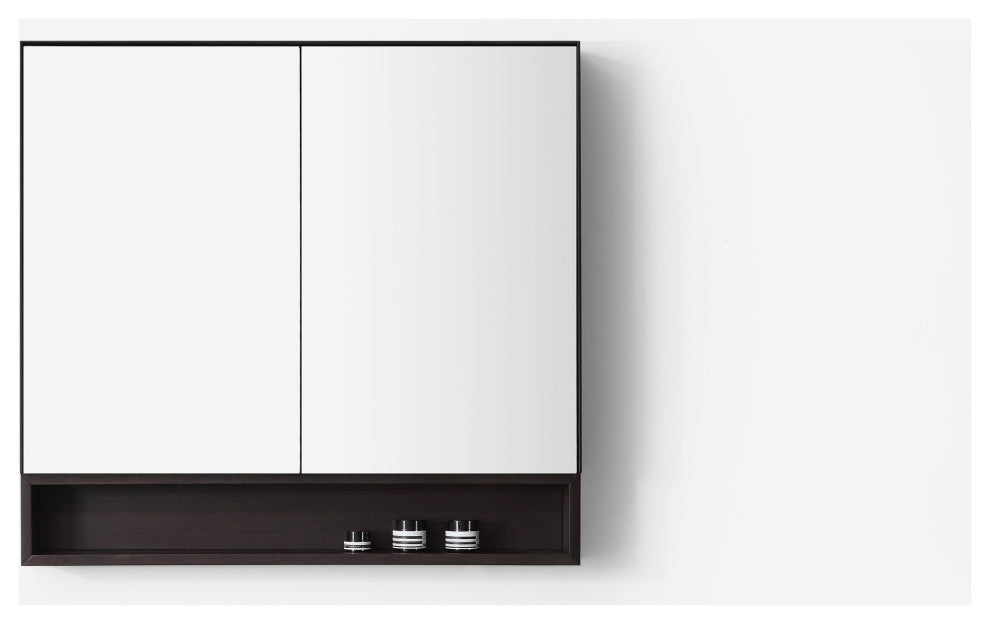 Bergen Modern Medicine Cabinet, Matte Black Frame, Dark Walnut Shelf, 36"