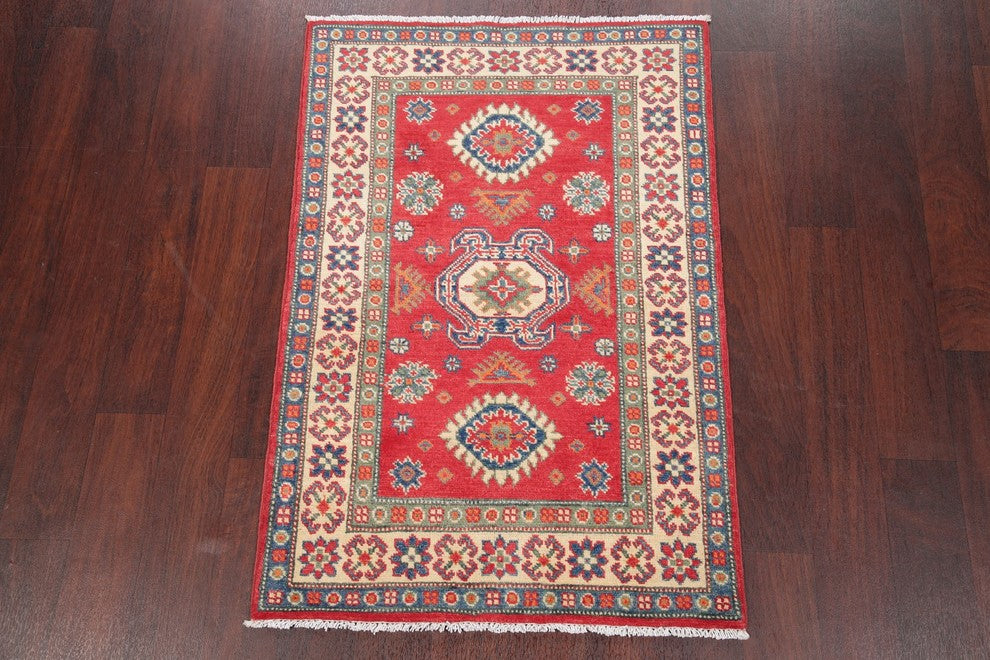 Kazak Traditional Wool Handmade Pakistani Oriental Area Rug, Red, 3'11"X2'9"