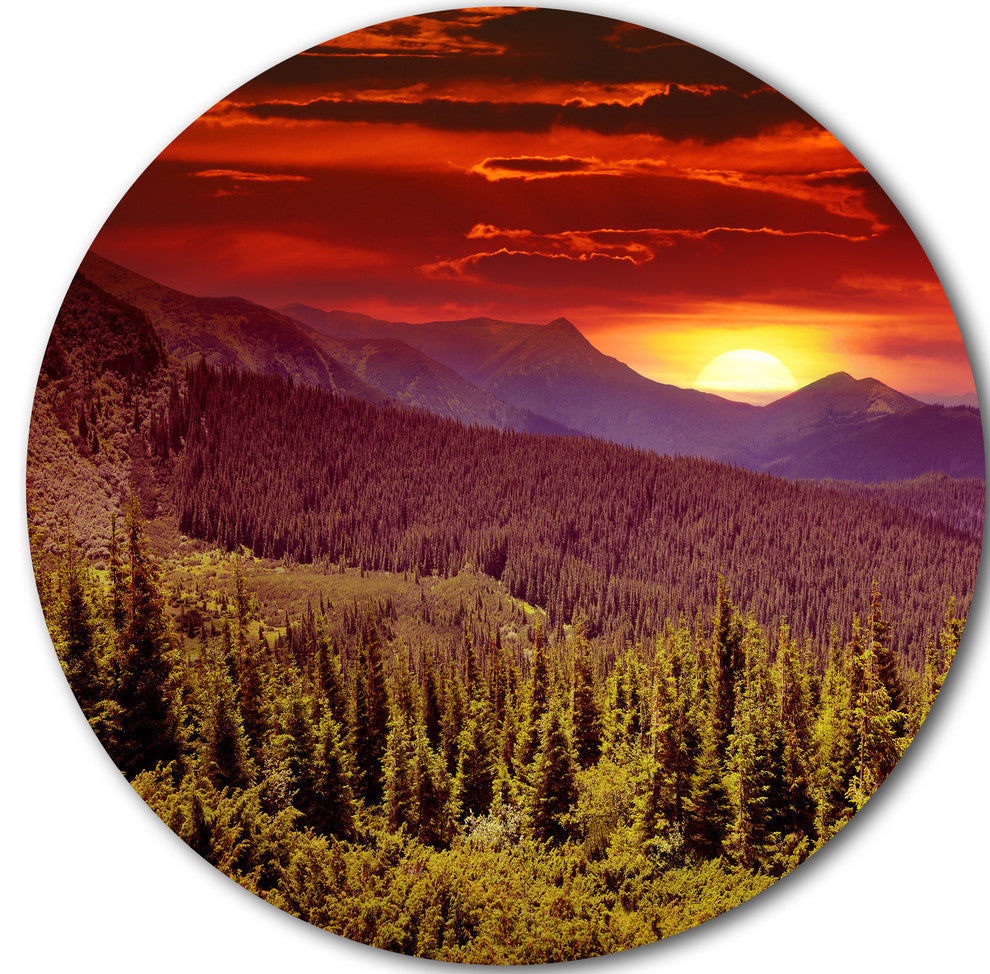 Colorful Sunrise Over Mountains, Landscape Disc Metal Wall Art, 11"