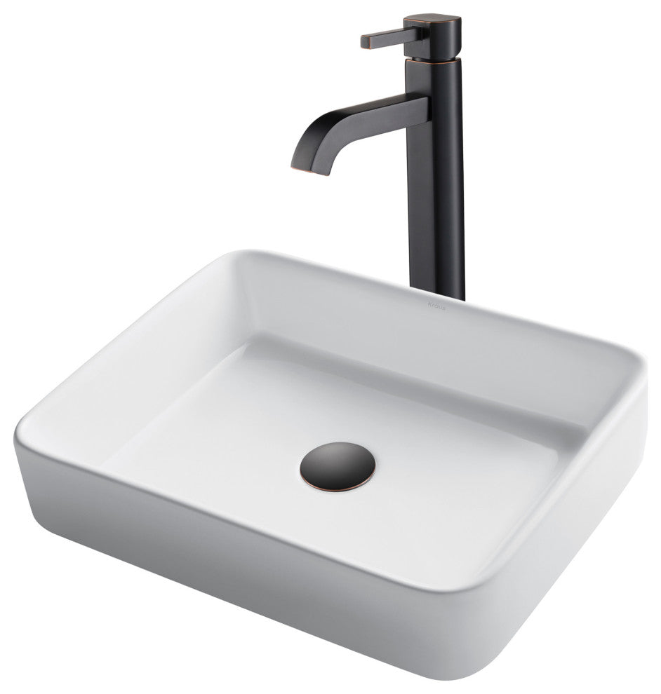 Elavo Square Ceramic Vessel Sink, Bathroom Ramus Faucet, PU Drain, Oil Rubbed Bronze