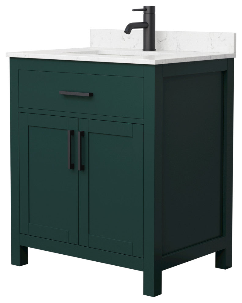 30"SGL Bathroom Vanity Green, Carrara Cult. Marble Countertop, Sink, Black Trim