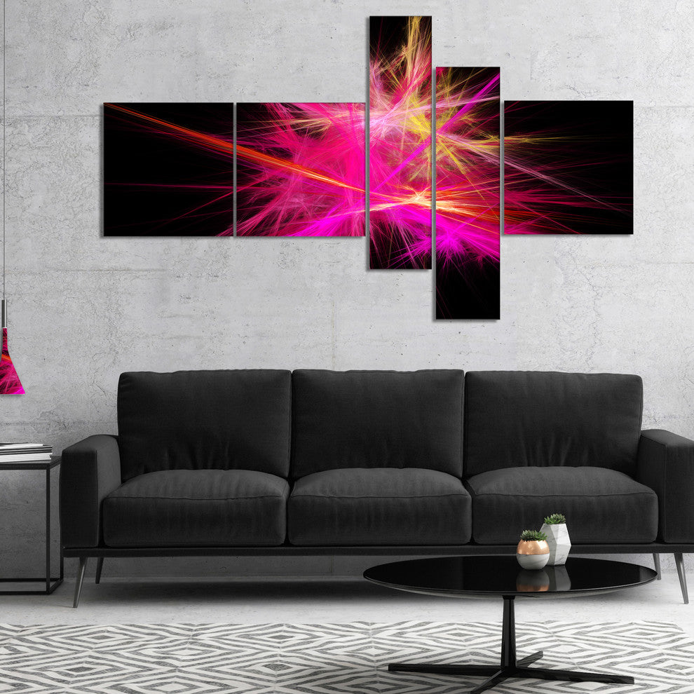 Pink Fractal Chaos Multicolored Rays, Abstract Canvas Art, 60"x32", 5 panels