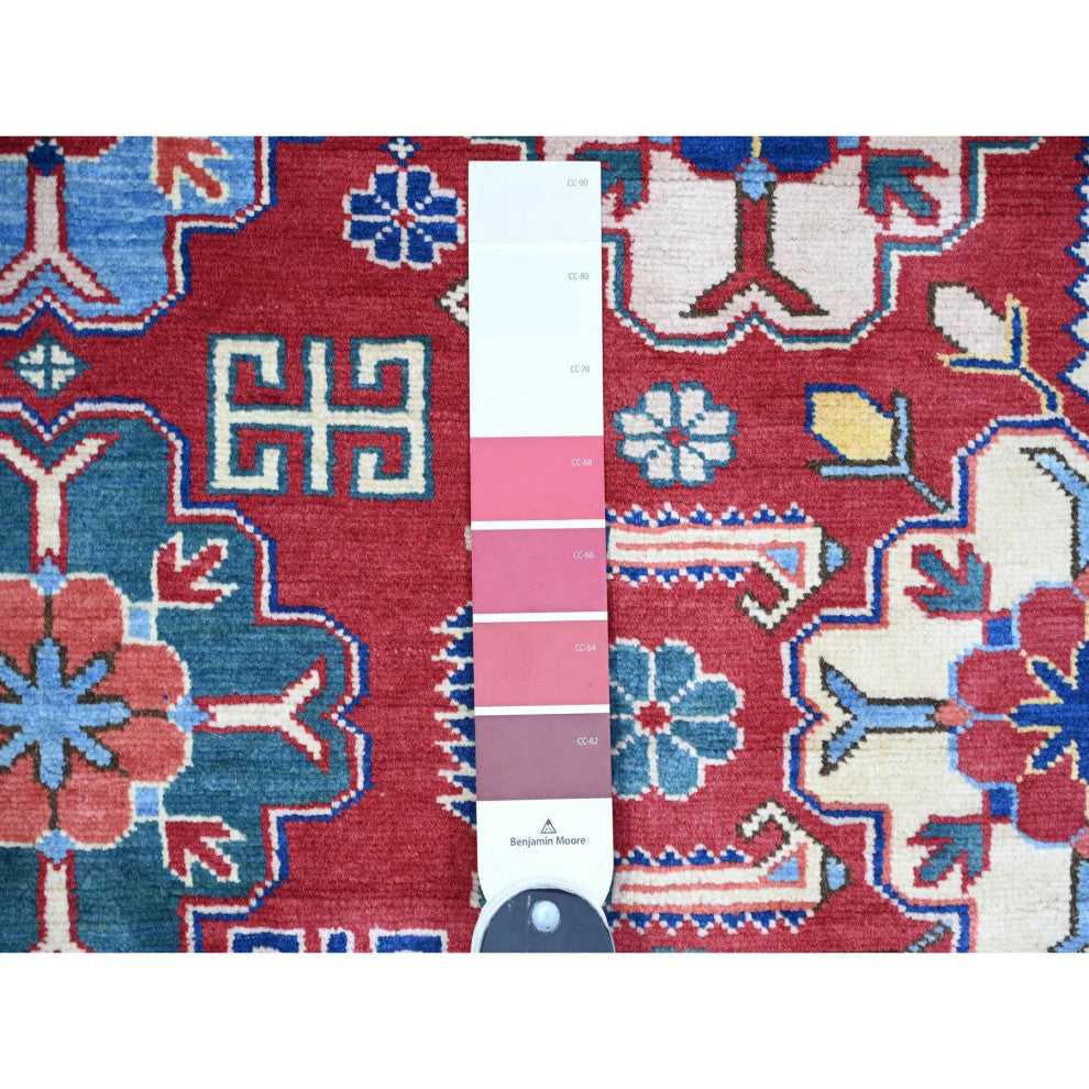 Red Caucasian Design Wool Afghan Super Kazak Hand Knotted Oriental Rug 6'4"x9'4"
