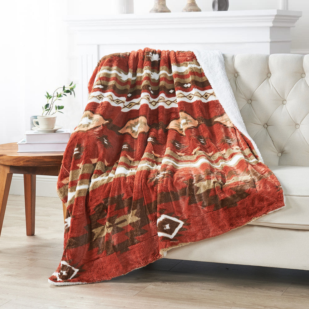 Southwest Faux Fur & Sherpa Backing Throw Blanket, Brick Red, 50" X 60"
