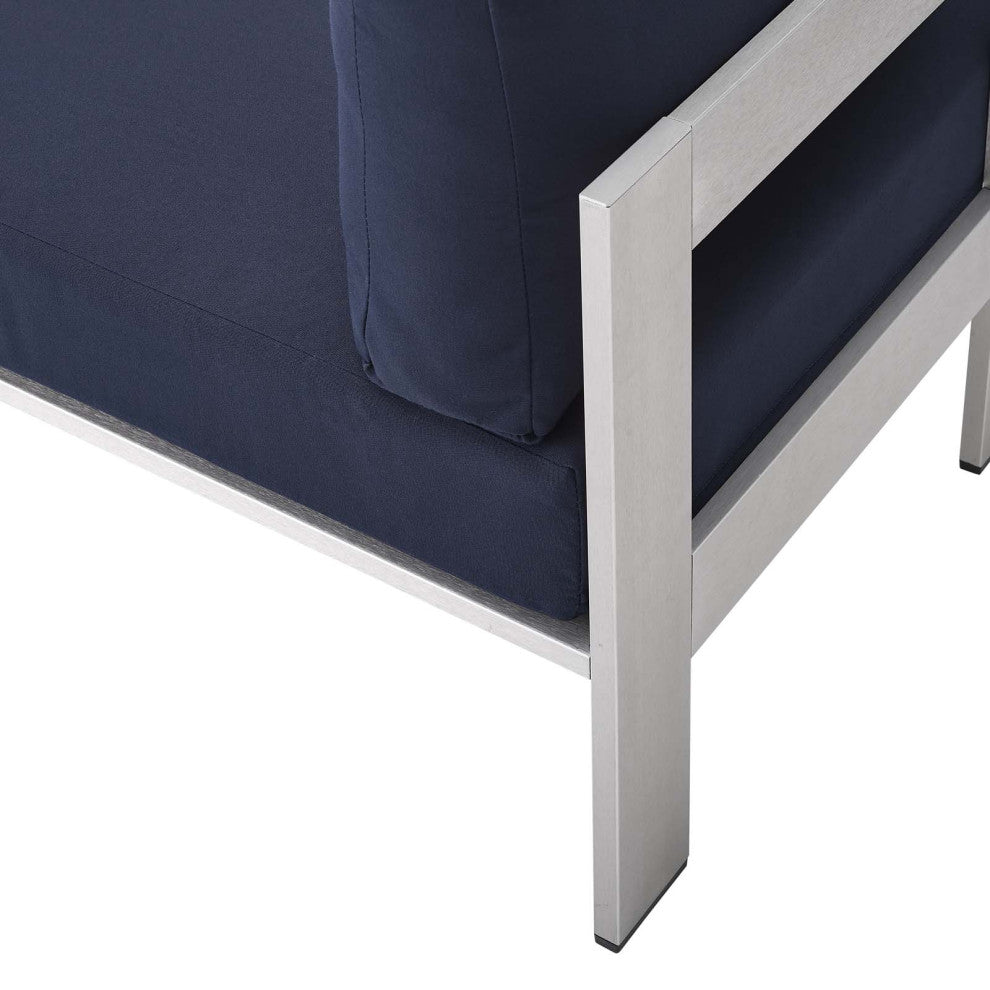Sofa Middle Chair, Sunbrella, Fabric, Aluminum, Metal, Silver Blue Navy, Outdoor
