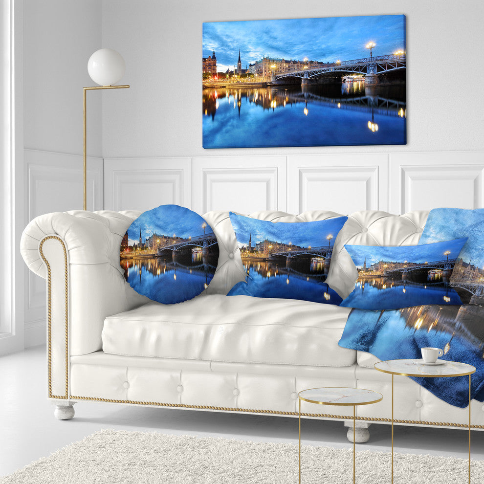 Illuminated Blue Stockholm Cityscape Throw Pillow, 12"x20"