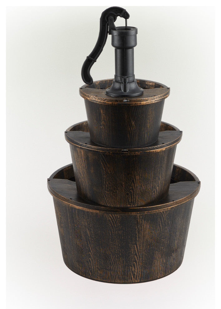 40" Tall Outdoor 3-Tier Barrel Pump Waterfall Fountain, Brown