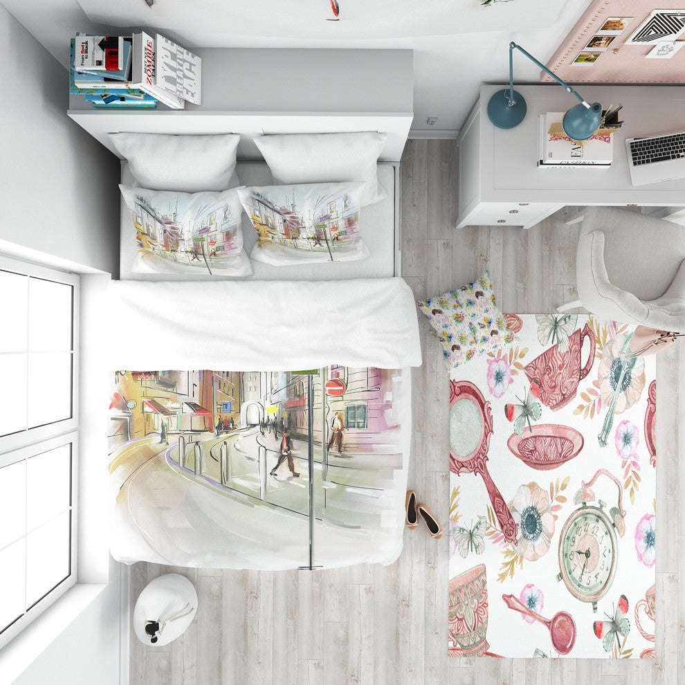 Colorful Illustration of City Cityscape Duvet Cover, Twin