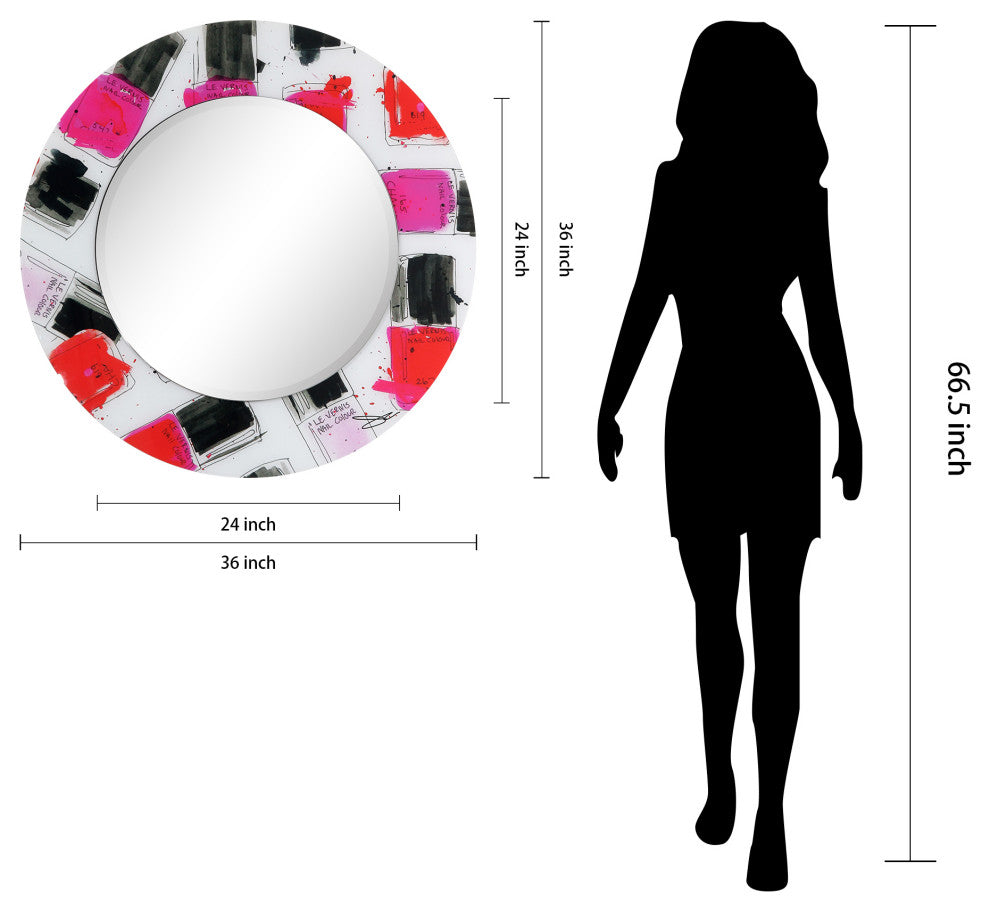 "Candy" Round Beveled Wall Mirror on Floating Printed Tempered Art Glass