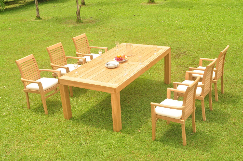 7-Piece Outdoor Teak Dining Set: 86" Rectangle Table, 6 Mas Stacking Arm Chair