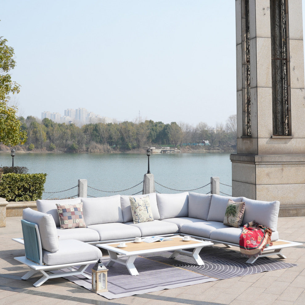 6 Piece Patio Aluminum Open Tube Sofa Set With Coffee Table, White