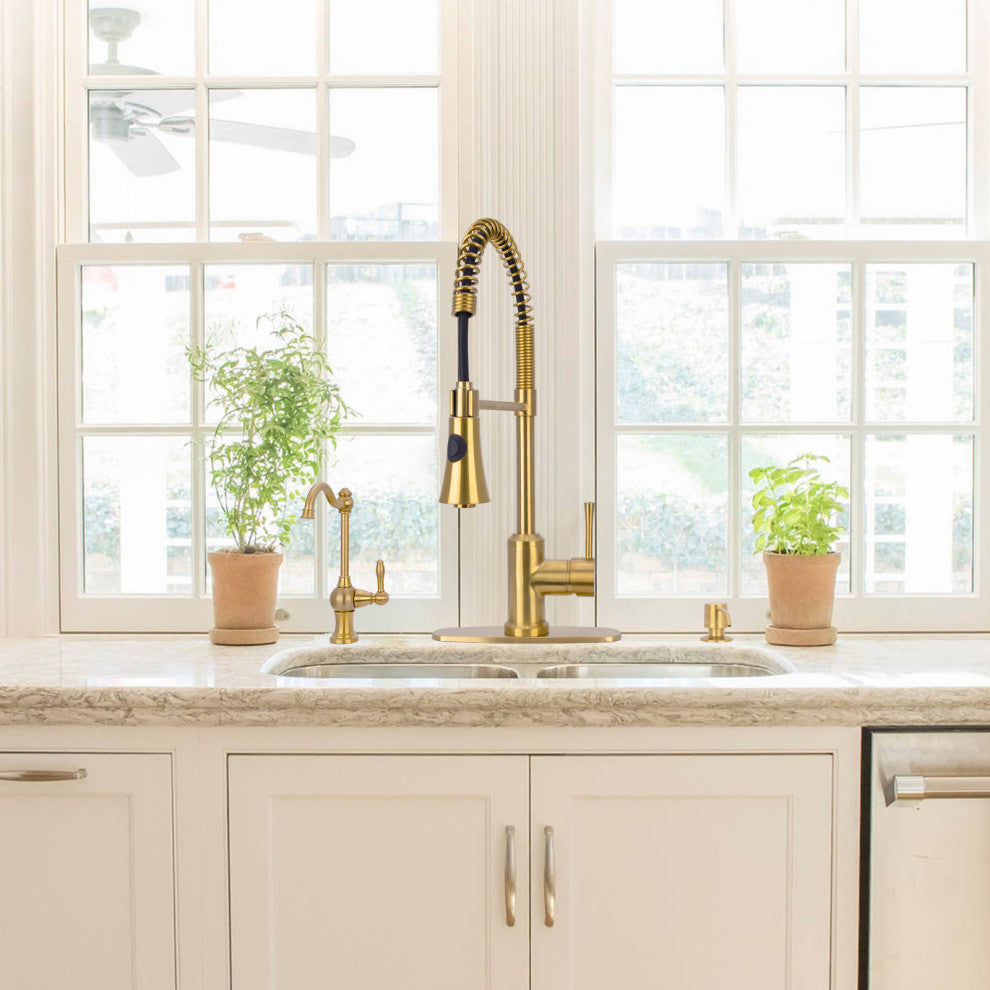 Copper Pre-Rinse Spring Kitchen Faucet with Pull Down Sprayer, Brushed Gold