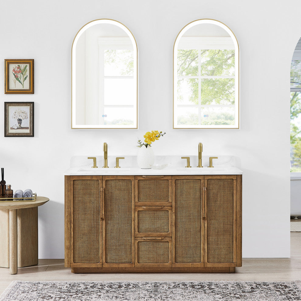 Busan Bath Vanity, Quartz Top No Mirror, Oak Classic Brown, 60", Double Vanity