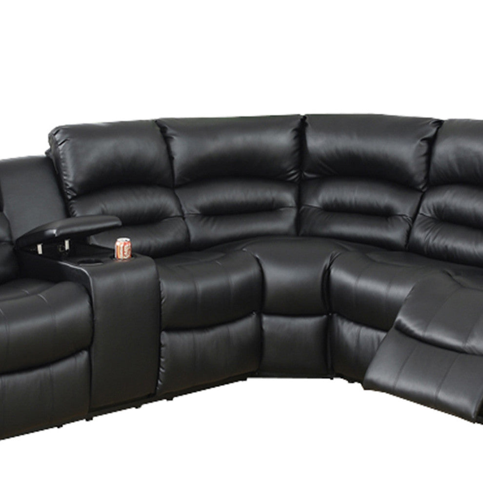 Benzara BM166729 Leather Upholstered Reclining Sectional With Console, Black